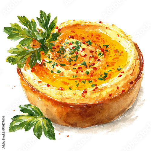 Hummus, watercolor painting, vector illustration, isolated on a white background.
