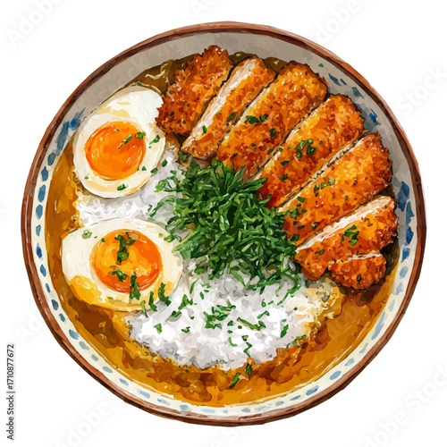 Watercolor vector illustration of Katsu Curry, isolated on white background.