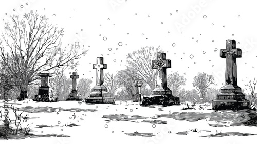 Eerie Snowy Cemetery Scene in Grunge Black and White