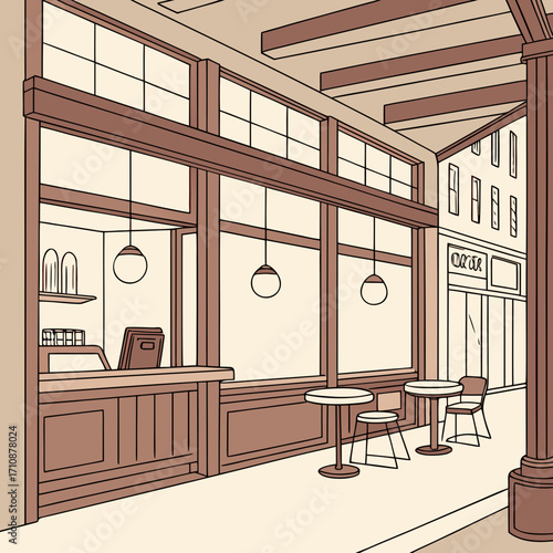 Illustration of a charming cafe exterior with large windows, tables and chairs on the sidewalk, and a view of the street, creating a welcoming and inviting atmosphere
