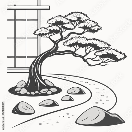 Illustration of a bonsai tree in a zen garden with a stone path and a traditional japanese building, the tree is black and white