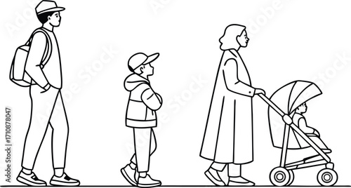 Modern family strolls together enjoying quality time outdoors in simple line art style, perfect for design projects