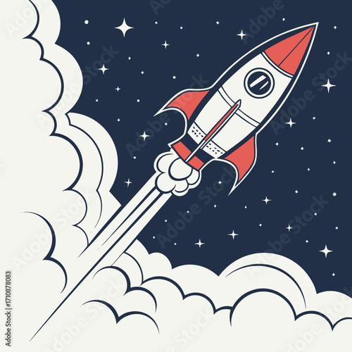 Illustration of a rocket ship launching into the night sky, surrounded by clouds and stars, representing ambition, progress, and the pursuit of new frontiers