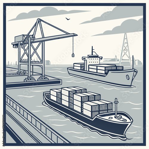 Illustration of cargo ships being loaded with containers at a busy port with cranes and city skyline in the background