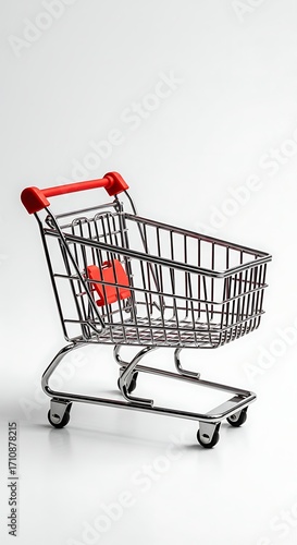 Shiny metal shopping cart with bright red handle and child seat on clean white background