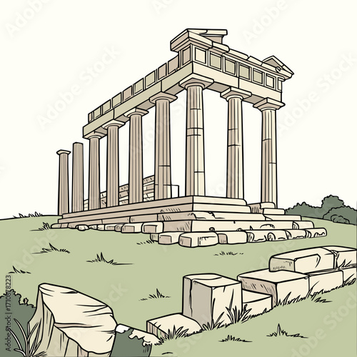 Illustration of the ruins of an ancient greek temple on a grassy hill, showcasing its architectural details and historical significance, with a serene backdrop