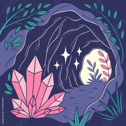 Vector art of a captivating illustration of a cave interior with a cluster of pink crystals, surrounded by lush foliage, creating a mystical and enchanting atmosphere