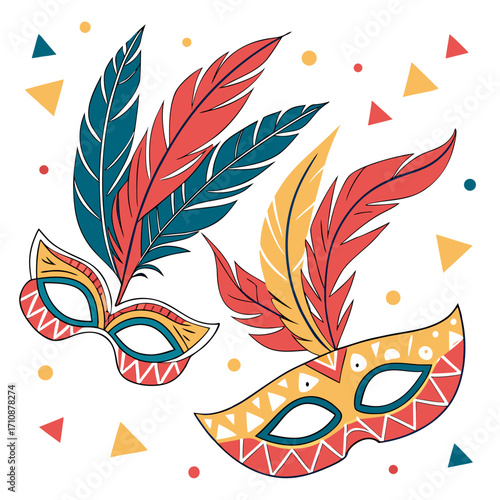 Illustration of two carnival masks with feathers, , creating a festive and celebratory atmosphere for a masquerade ball
