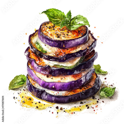 Watercolor vector illustration of Eggplant Parmesan, isolated on white background.