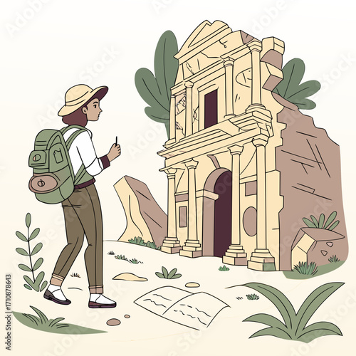 Vector art of a female explorer with a backpack stands in front of an ancient stone building, holding a pen and a notebook, ready to explore and document the ruins