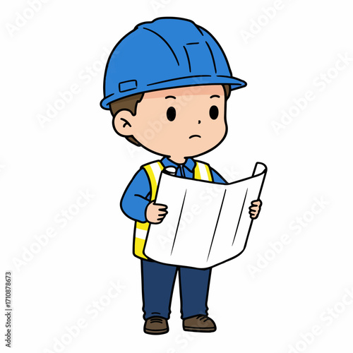 A cute cartoon illustration of a construction worker in a blue hard hat and yellow safety vest, holding and examining a blueprint.