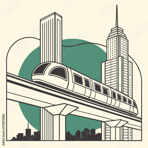 Vector art of a futuristic monorail glides through a cityscape, symbolizing modern transportation and urban development