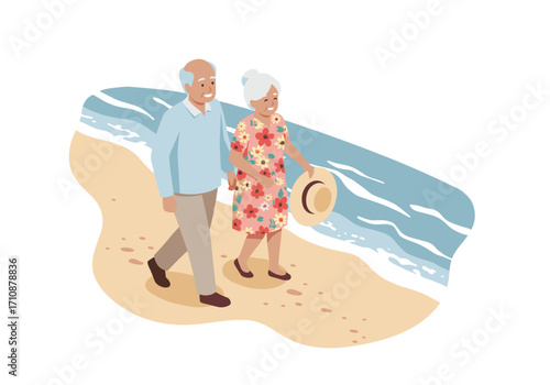 An elderly couple strolling along the beach is a partial background style illustration where the sand and waves are cut out of white, creating a sense of movement and space around the couple.