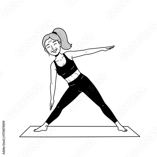 An elderly woman doing Pilates is a minimalist black and white line art illustration of her smiling as she performs the triangle pose, demonstrating flexibility and strength in her later years.