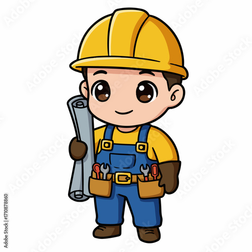 A cute cartoon construction worker wearing a yellow hard hat and blue overalls, holding a rolled-up blueprint.