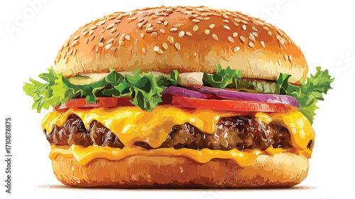 Delicious Hamburger Burger with Cheese and Fresh Vegetables, Tasty Fast Food Meal Option