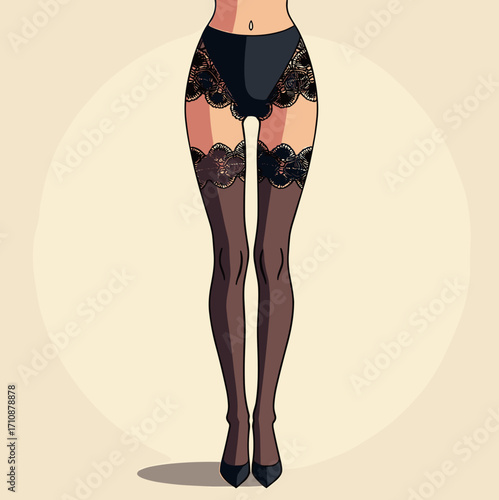 Black tights with lace trim on the legs are an elegant accessory that emphasizes femininity and style. A versatile staple in a woman's wardrobe.