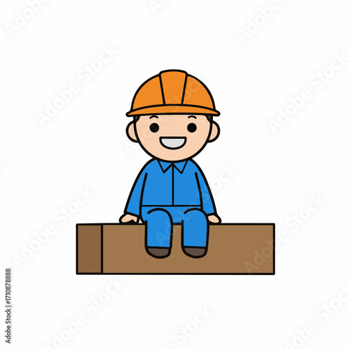 A cute cartoon illustration of a construction worker wearing a blue uniform and an orange hard hat, sitting on a wooden plank.