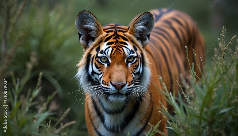 Obraz premium Close-up of tiger looking directly forward. Wild cat stands in green tall grass foliage. Majestic big predator animal. Orange fur, black stripes, white cheeks, whiskers. Hunter watches, eyes focused.