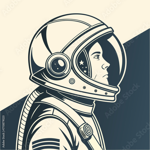 Vector art of a retro astronaut in a spacesuit and helmet with a visor looks into the distance against a background of light and dark vector illustration in vintage style