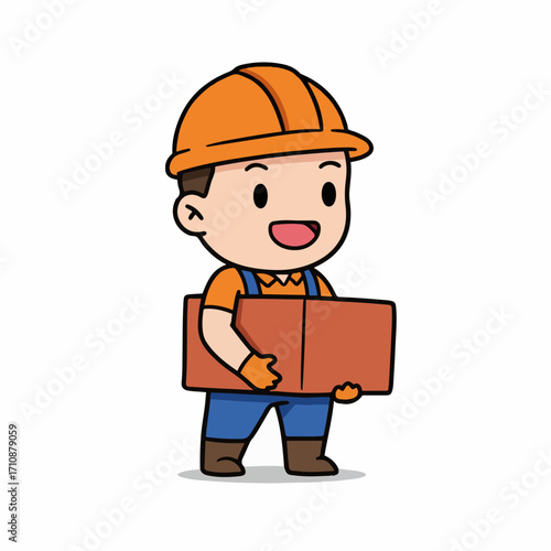 A cute cartoon construction worker wearing a hard hat and holding a brick.