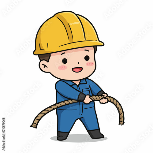 A cute cartoon construction worker in a yellow hard hat and blue overalls pulling a thick rope with both hands.