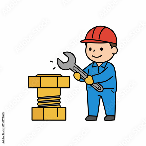 A cartoon mechanic wearing a red hard hat and blue overalls tightens a large golden bolt with a wrench.