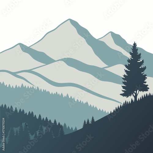 Vector art of a serene mountain landscape illustration featuring layered mountain ranges, a dense forest, and a solitary pine tree, creating a peaceful and scenic vista