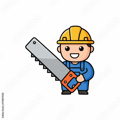 A cartoon construction worker wearing a yellow hard hat and blue overalls, holding a large saw.