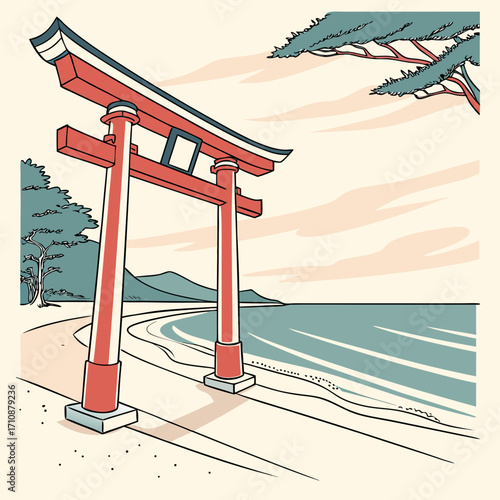 Vector art of a serene torii gate stands majestically on the sandy shore, framing the tranquil sea and distant mountains, evoking a sense of peace and spiritual journey