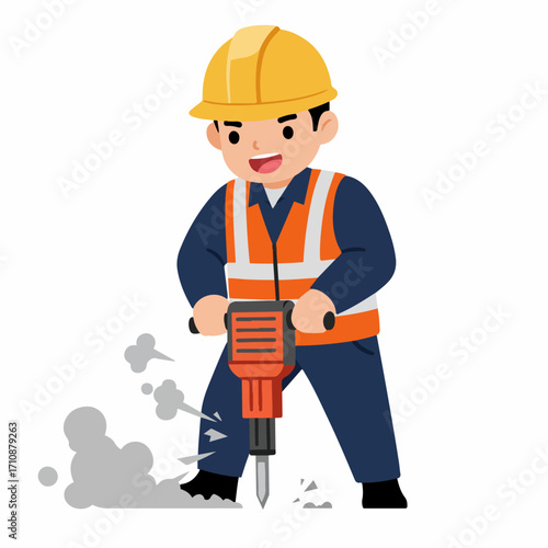 A construction worker wearing a hard hat and safety vest operates a jackhammer, breaking up concrete and creating dust.