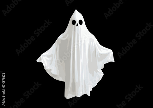 Scary halloween ghost costumes in white sheet isolated on black background. Horror film concept. Scary things. Autumn feasts of all Saints Eve