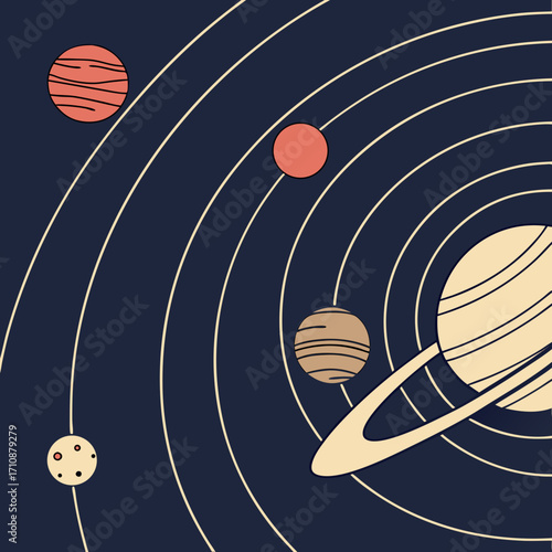 Vector art of a stylized depiction of planets orbiting a star, showcasing the solar systems arrangement with rings and varying sizes, creating a cosmic and educational illustration