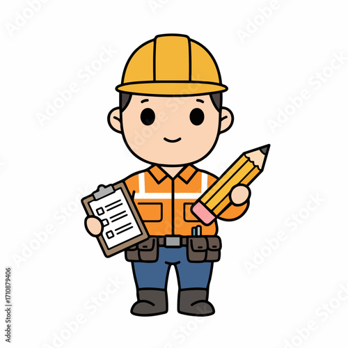 A cute cartoon illustration of a construction worker holding a clipboard and a pencil.