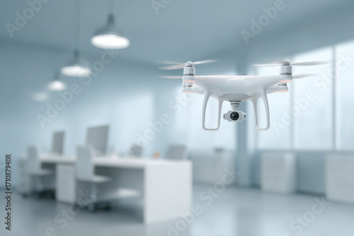 futuristic drones and robots seamlessly integrated into modern office environment