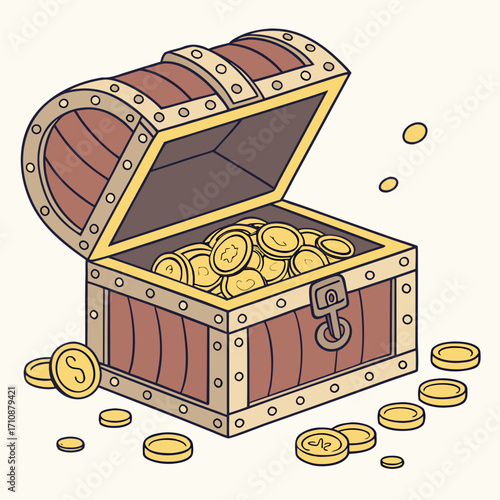 Vector art of a treasure chest brimming with gold coins, some scattered around it, rendered in a cartoon style with a light background, creating a sense of adventure