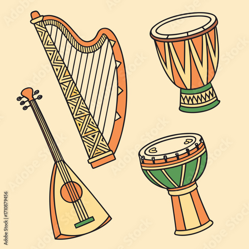 Vector art of a vibrant illustration featuring a harp, balalaika, and two drums, showcasing diverse musical instruments, , creating a playful composition