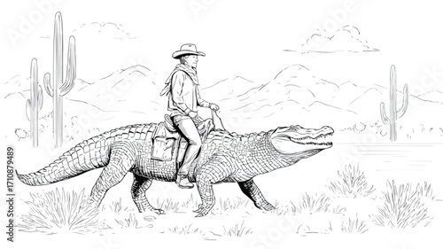 Hand Drawn Crocodile Cowboy Riding Horse in Desert Illustration