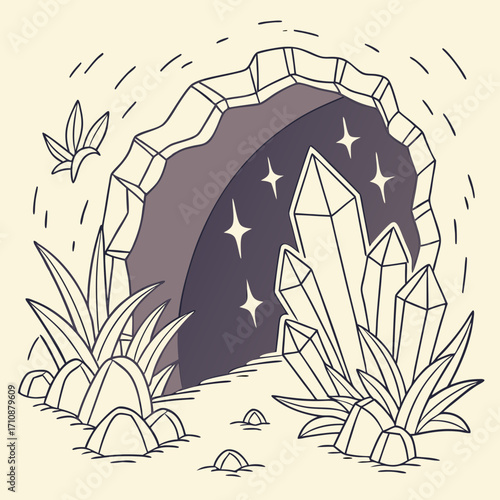 Vector art of a whimsical cave entrance adorned with sparkling crystals, lush plants, and a touch of magic, inviting viewers into a world of wonder and enchantment