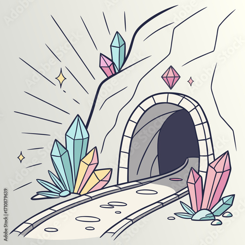 Vector art of a whimsical illustration of a mine entrance adorned with colorful crystals, featuring a railway track leading into the tunnel