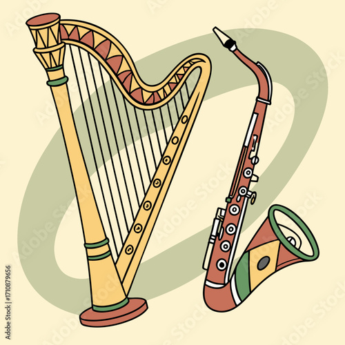 Vector art of a whimsical illustration showcasing a harp and a saxophone, musical instruments, , creating a harmonious and artistic composition