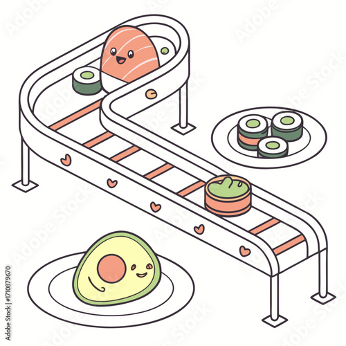 Vector art of a whimsical sushi conveyor belt featuring salmon, avocado, wasabi, and maki rolls, creating a playful and appetizing image