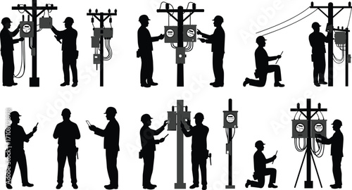Silhouette utility workers inspecting power poles, electrical maintenance, transformer testing, cable repair, safety equipment, teamwork, infrastructure service, energy distribution, field operations