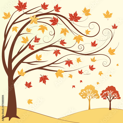 Vector art of autumn tree with falling leaves, set against a warm, inviting background, evokes the beauty and tranquility of the season