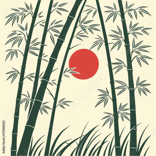 Vector art of bamboo forest with sun in the background, creating a serene and natural scene, evoking a sense of tranquility and harmony in natures embrace