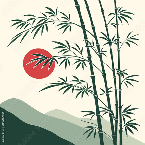 Vector art of bamboo grove with mountains and sun in the background, creating a serene and natural scene, evoking a sense of tranquility and harmony in natures embrace