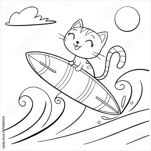 Funny cartoon illustration of a cat on a surfboard surfing on the sea with a fish
