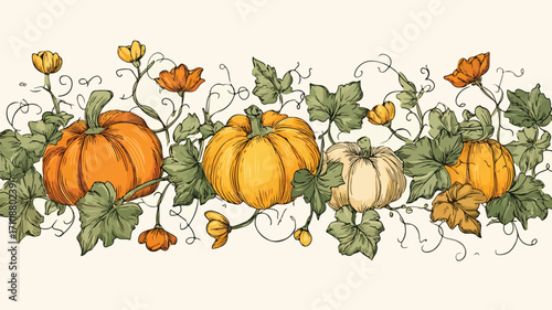 Hand Drawn Doodle Border with Pumpkins and Vines