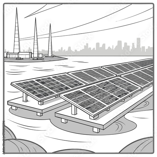 Vector art of floating solar panels on a lake with a city skyline in the background, showcasing renewable energy and urban sustainability
