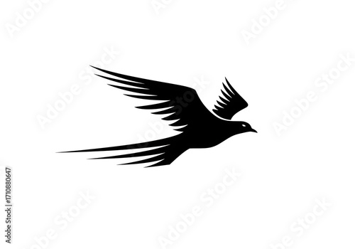 黒い鳥の力強い飛行　白背景シンプルデザイン